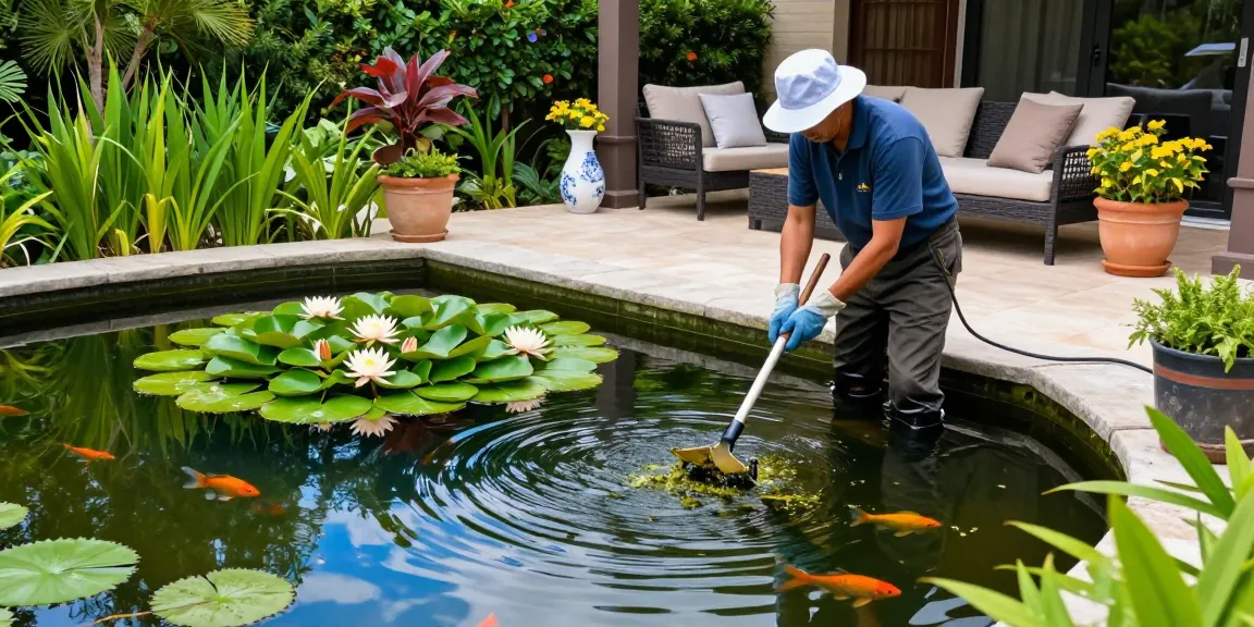 Professional Pond Cleaning Sussex in action, showcasing skilled cleaner maintaining a healthy backyard oasis.