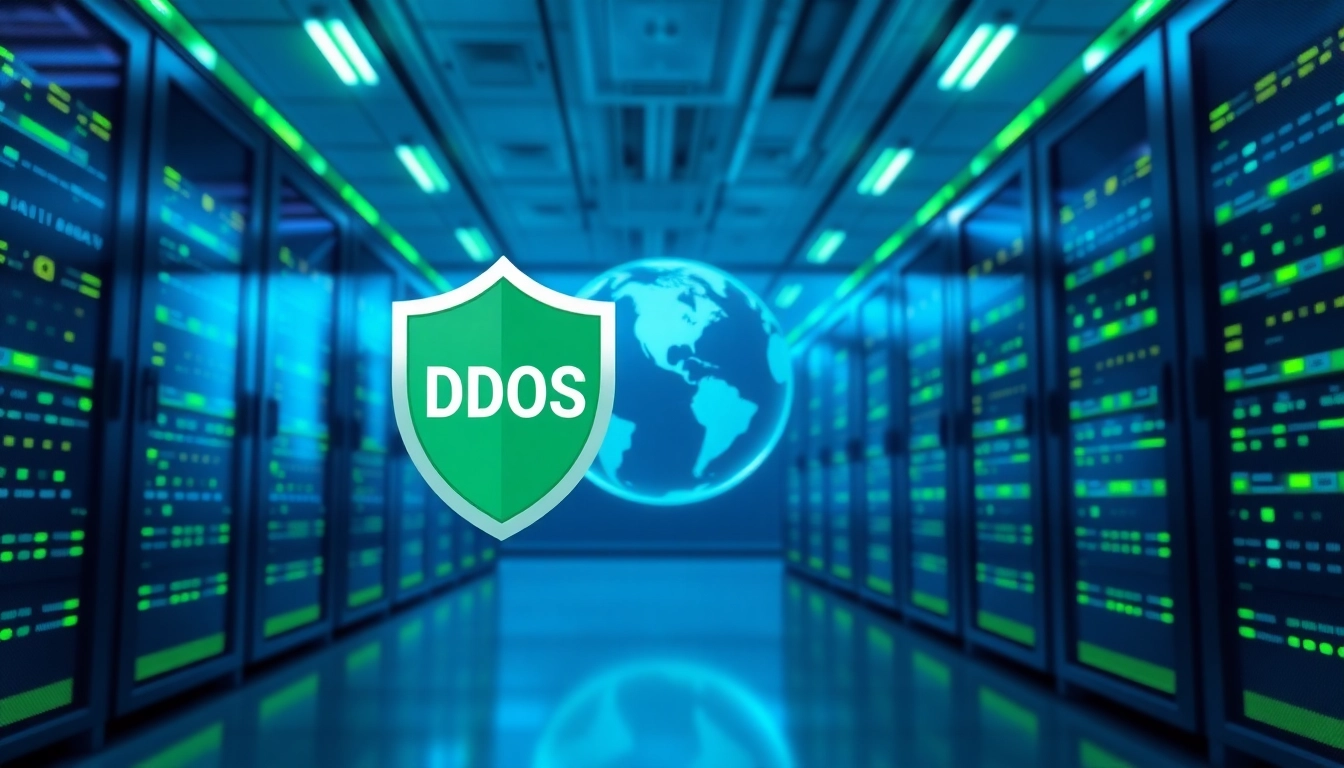 Visual representation of CDN with DDoS Protection showcasing cyber defense and global connectivity.