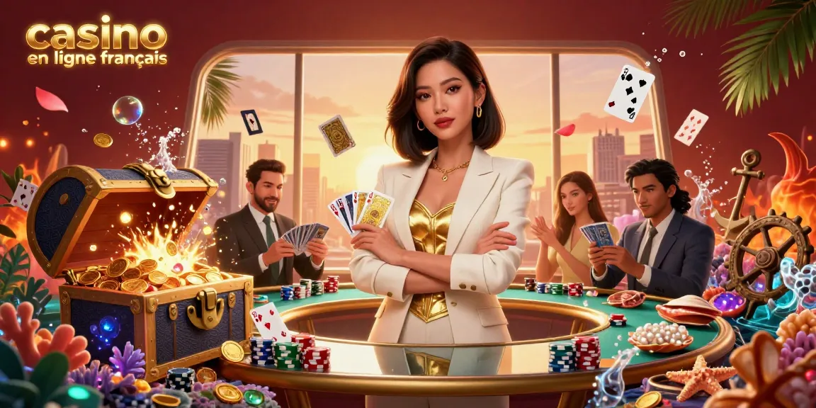 Engagez-vous avec des jeux de haute qualité au casino en ligne francais mettant en vedette une femme asiatique élégante entourée d'éléments de casino.