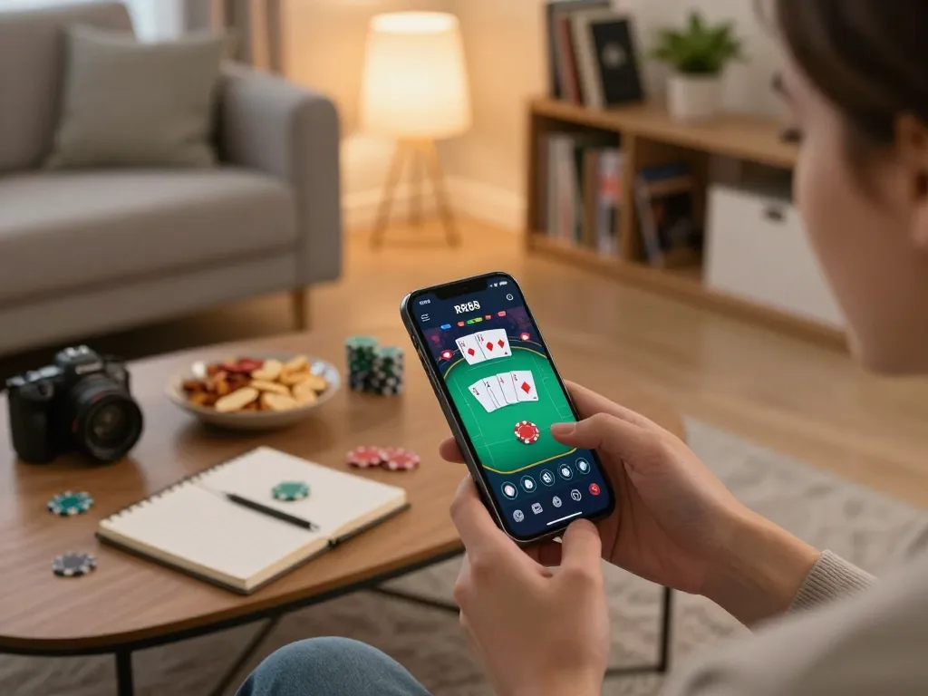 Player using the RR88 App for online poker in a cozy living room setting, showcasing a strategic gaming session