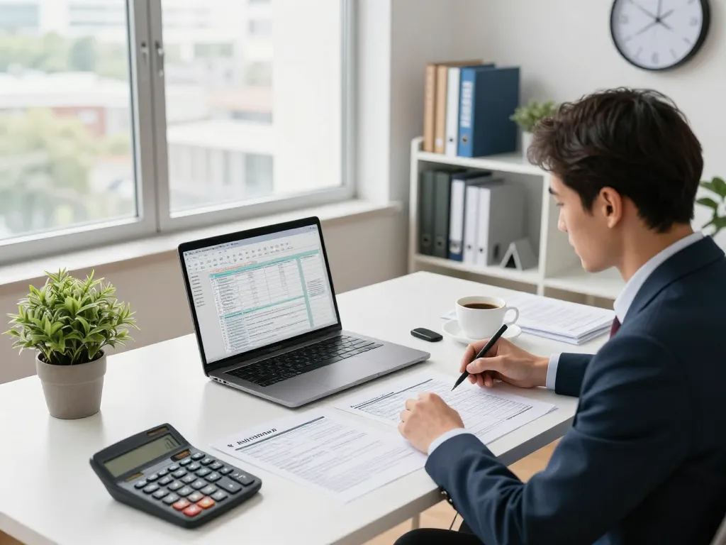 Chartered accountant preparing taxes in a professional workspace, read more here for expert services.