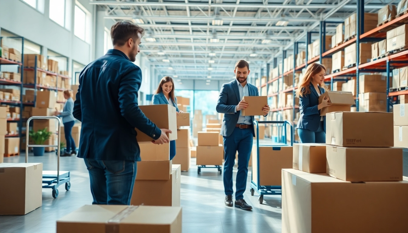 Employees engaging in Corporate relocation, packing boxes in an office setting.