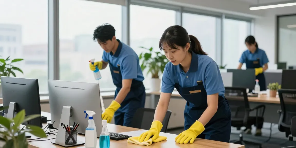 Professionelle Unterhaltsreinigungsfirma in Dortmund bei der Reinigung eines Büros mit modernem Equipment.