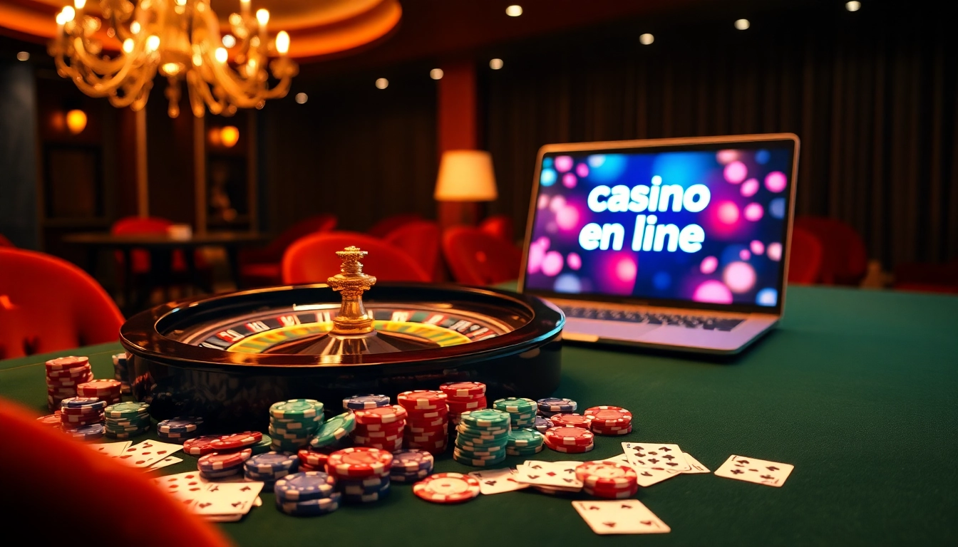 Scène captivante de casino en ligne mettant en avant une roue de roulette, des jetons de poker et une interface de jeu en ligne.