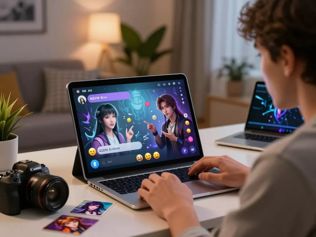Engaging NSFW AI chat interaction on a tablet with vibrant character options and playful emojis in a cozy setting.