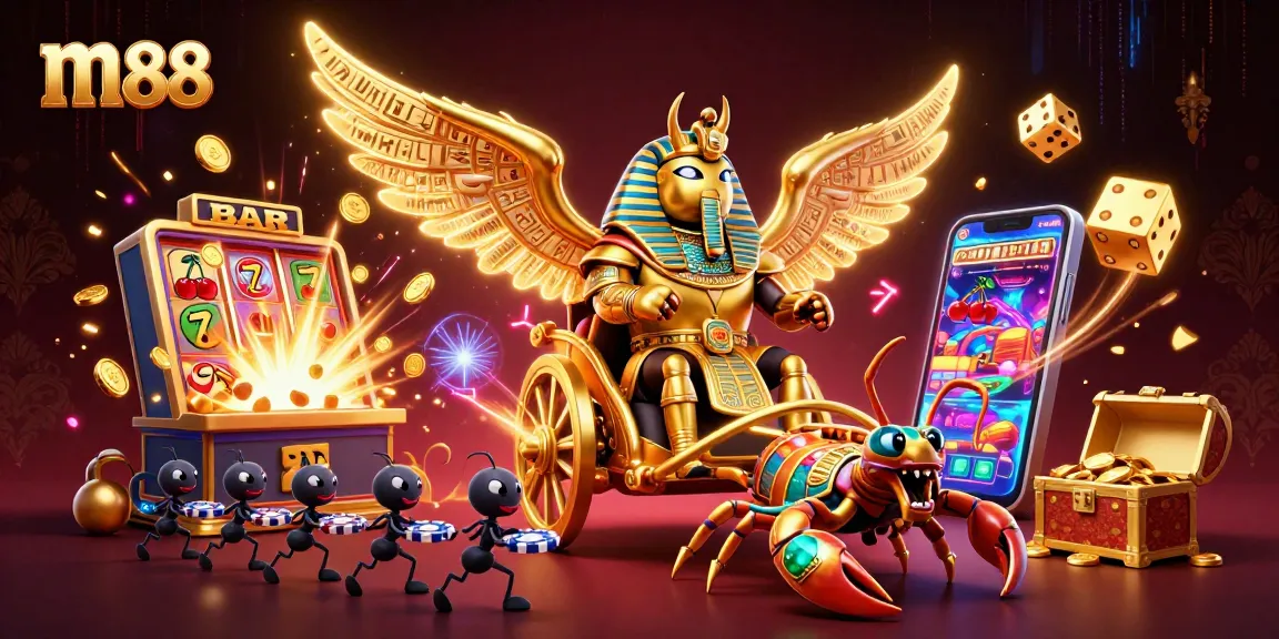 Engage in thrilling gaming with m88, as a majestic golden scarab leads a vibrant casino scene.