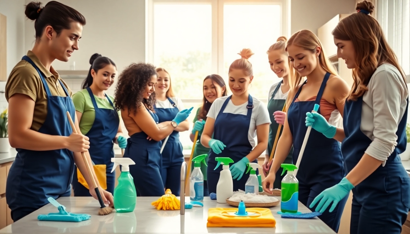 Cleaning services near me depicted with a professional team working efficiently in a bright home setting.