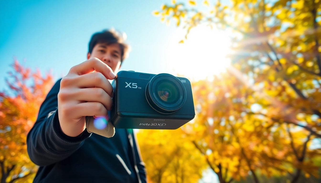 Capturing moments with the Insta360 X5 in an outdoor park, highlighting its sleek design.