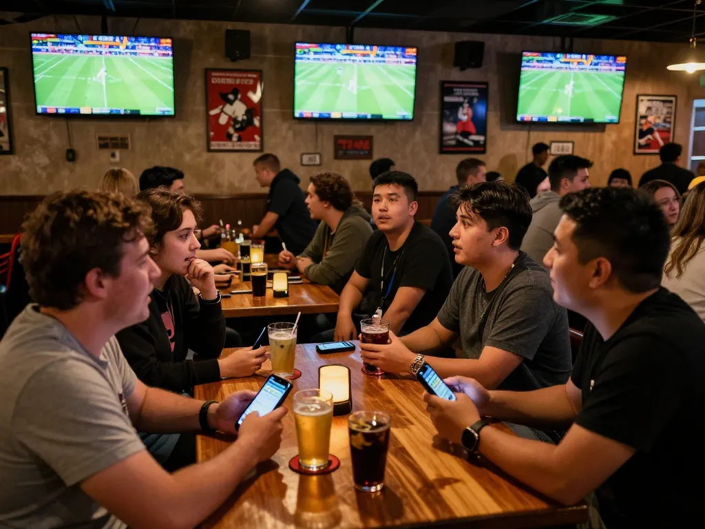 Friends discussing kèo nhà cái while placing bets on mobile devices during live sports at a vibrant bar.