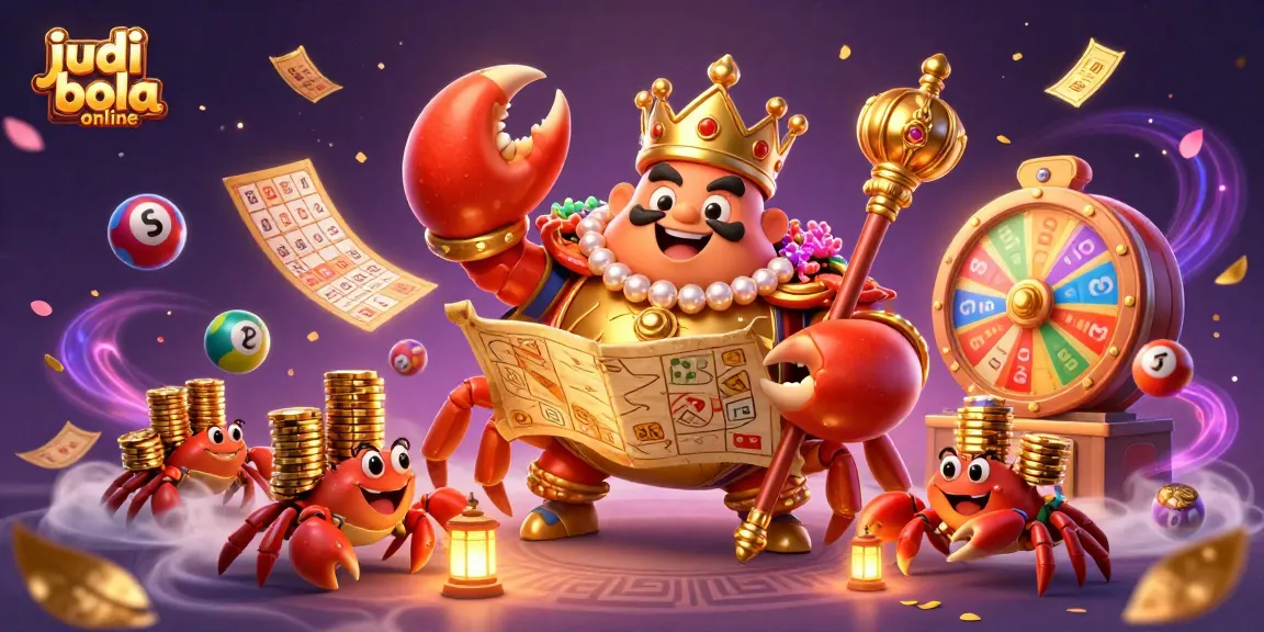 Experience thrilling judi bola online action with a golden crab emperor overseeing colorful betting elements.