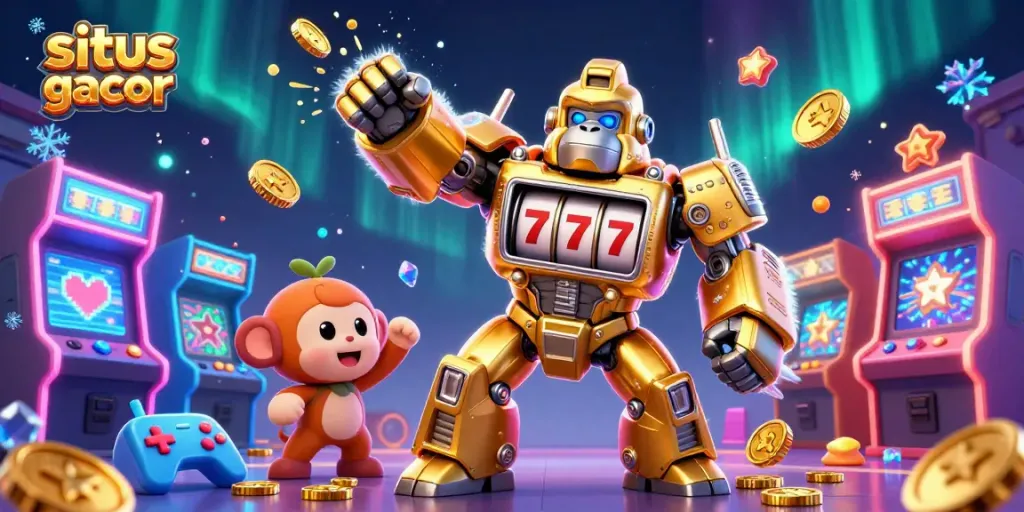 Menggandeng Situs Slot Gacor, ilustasi kasino dengan mekanik gorila emas dalam aksi memukau.
