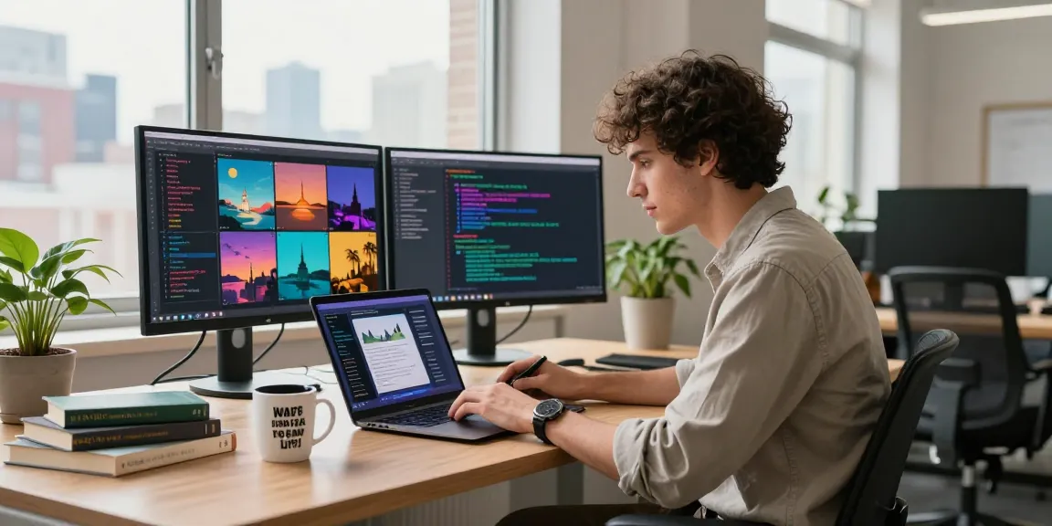 Professionally using an ai prompt image generator in a modern tech workspace with vibrant visuals and a motivating atmosphere.