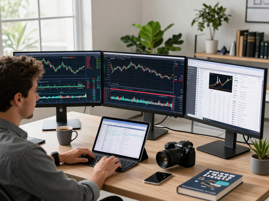 在使用TradingView进行股票和加密货币交易分析的现代办公室场景，展现了交易者与实时数据的互动。