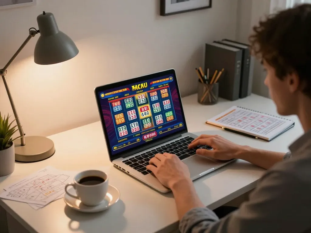 Sesi permainan Toto Macau online di rumah, memperlihatkan permainan strategis di laptop.