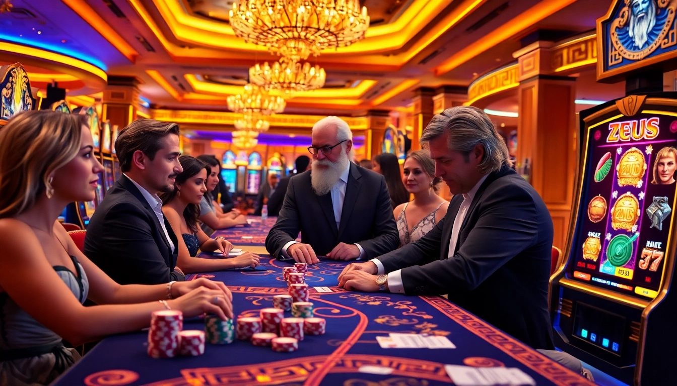 Rasakan sensasi permainan Slot Zeus di kasino mewah dengan mesin yang berwarna-warni dan para pemain menikmati putaran mereka.