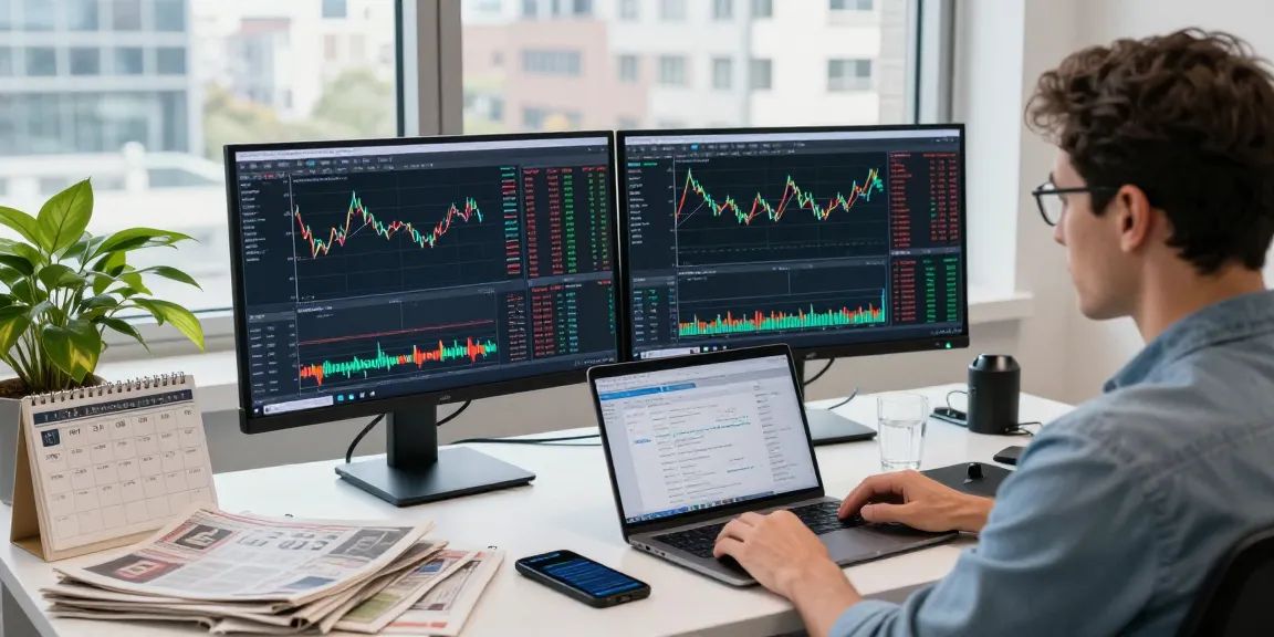 Trader using mt4 software while analyzing currency charts in a bright urban office setting.