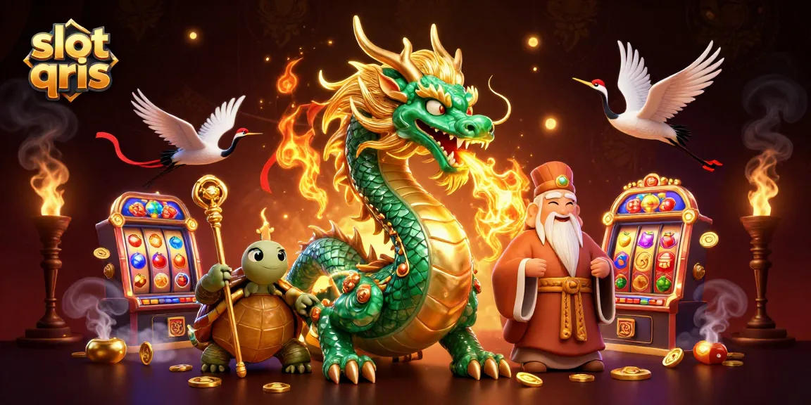 Play slot qris with an epic scene featuring a jade dragon, turtle sage, and lucky cranes.