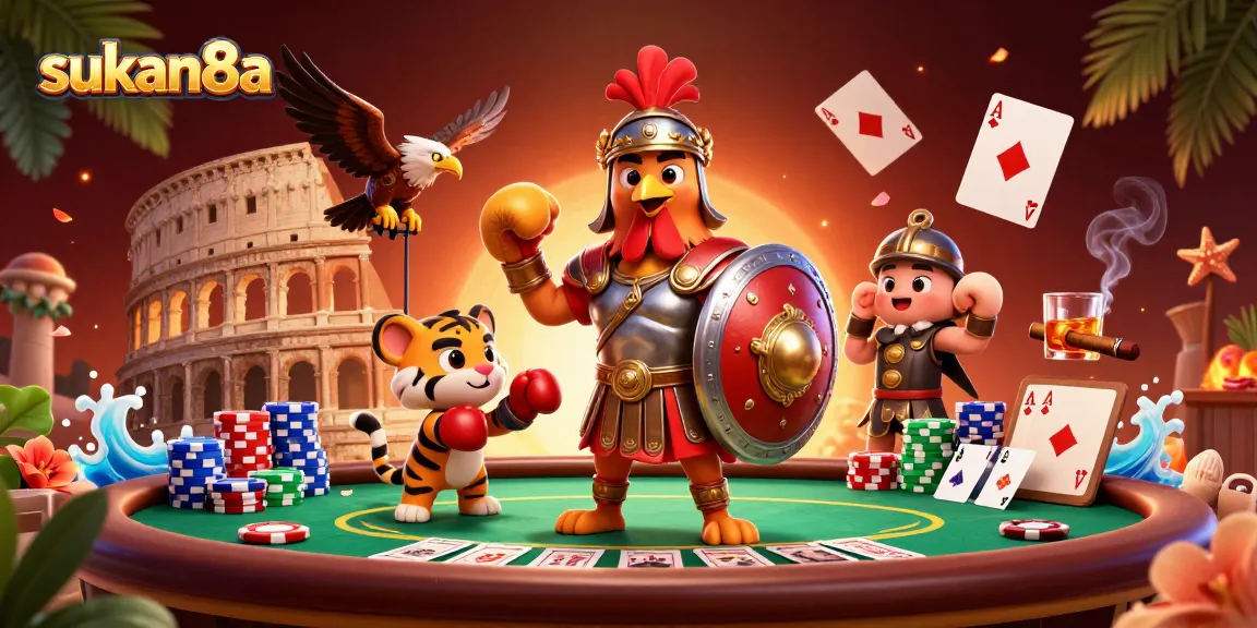 Experience the excitement of sukan8a with a vibrant casino scene featuring a gladiator rooster and poker elements.