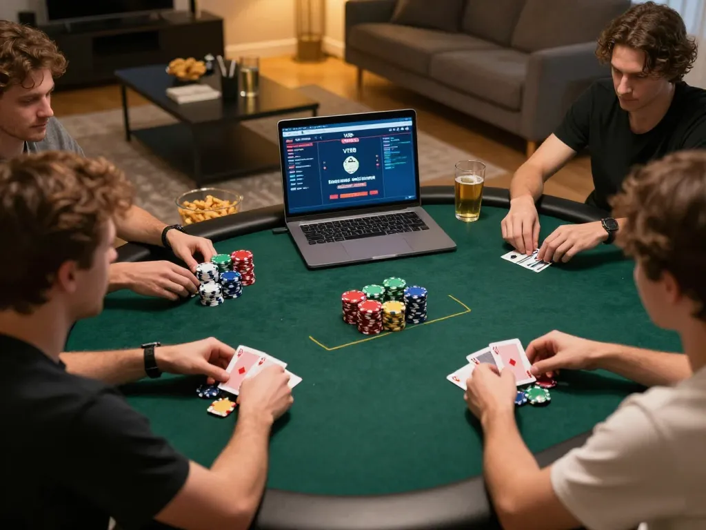 VT88 online poker players engaged in gameplay with colorful chips and laptop display
