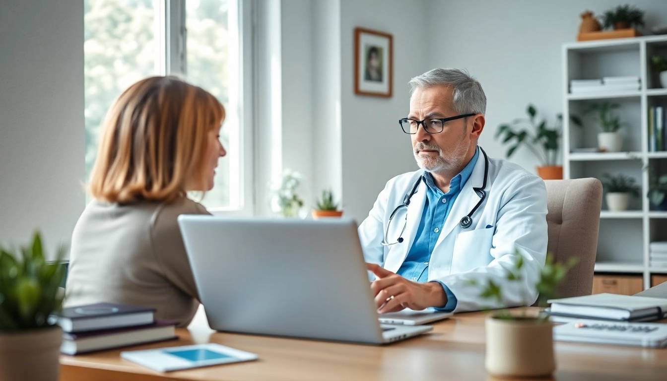 Message a doctor online 24/7 with a doctor consulting patient in a cozy office setting.