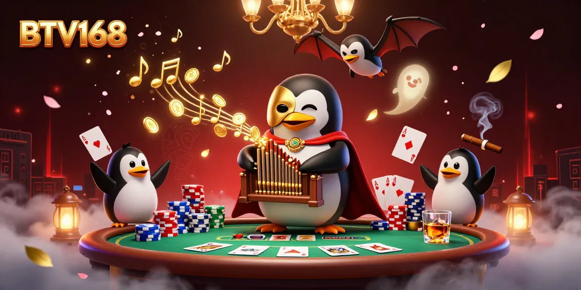 Engage with BTV168 where a phantom penguin plays music while coins rain down in a vibrant casino.
