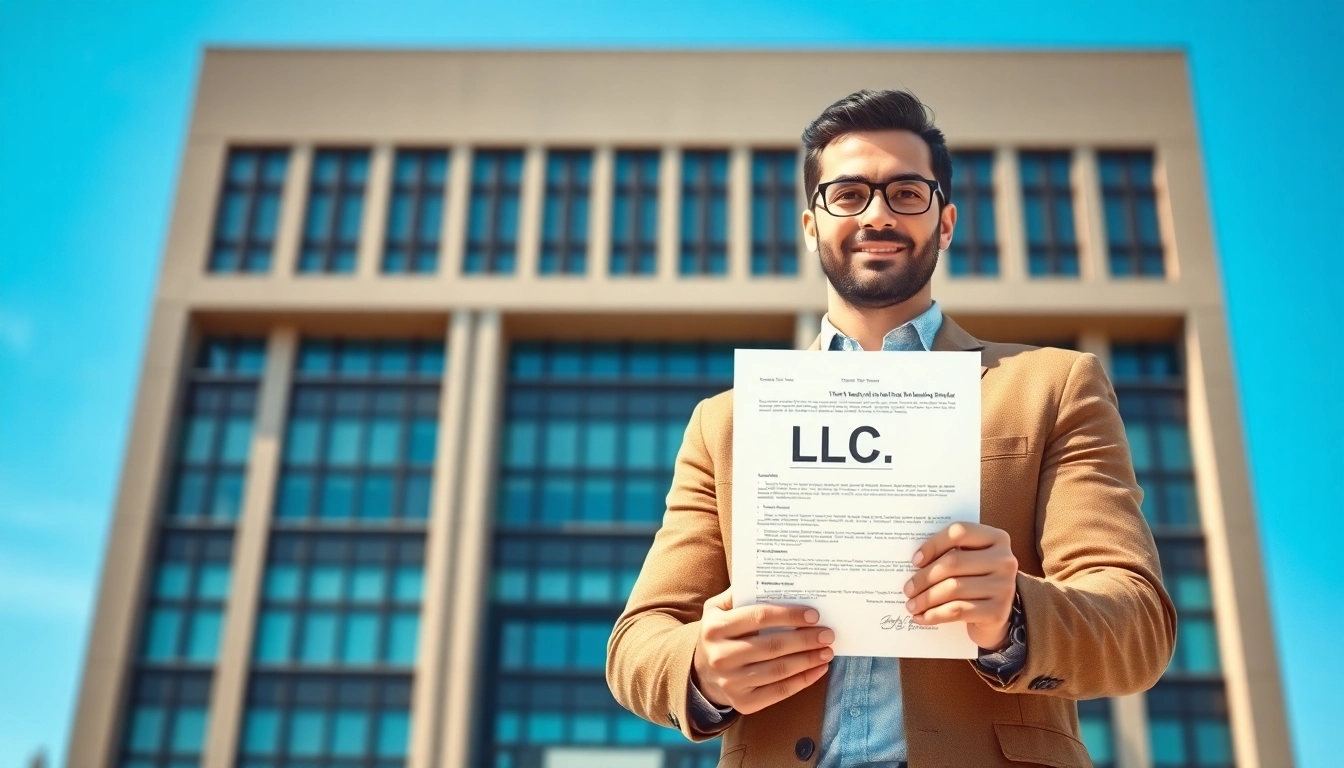Entrepreneur confidently showcases LLC registration documents in a business setting.