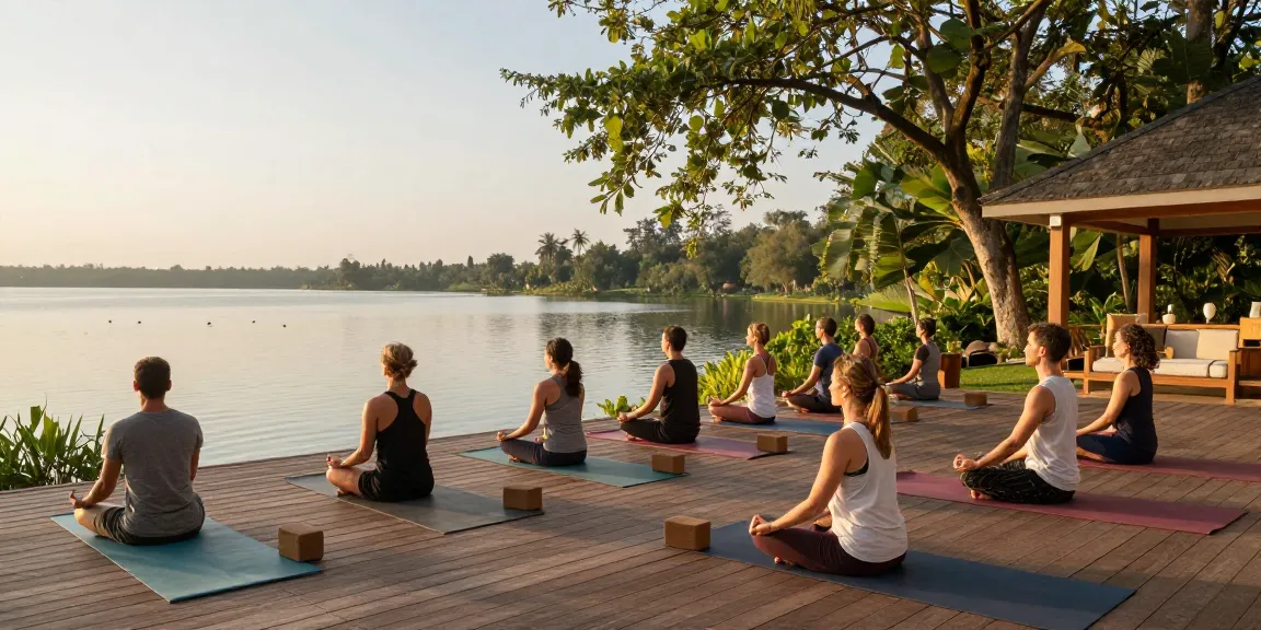 Yoga practitioners during Simon Borg-Olivier intensive Sri Lanka at Koggala Lake, serene lakeside setting.