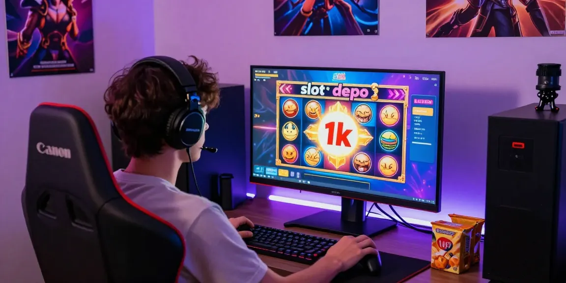 Player enjoying an exciting slot depo 1k game in a cozy gaming space