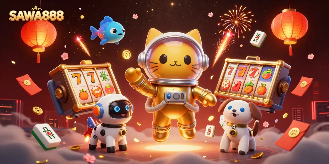 Join the excitement at SAWA888 with vibrant slot elements and dynamic 3D characters showcasing a lively casino atmosphere.