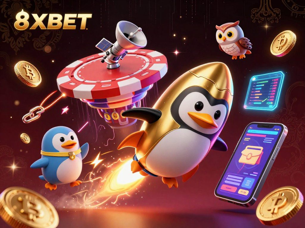 Engage with 8XBET's thrilling casino universe featuring a golden penguin and crypto elements.