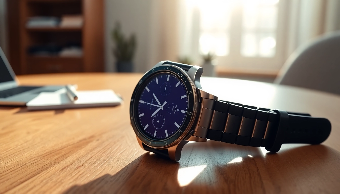 Showcasing the stylish Explorer Plus GPS Smart Watch on a table in an inviting home office.