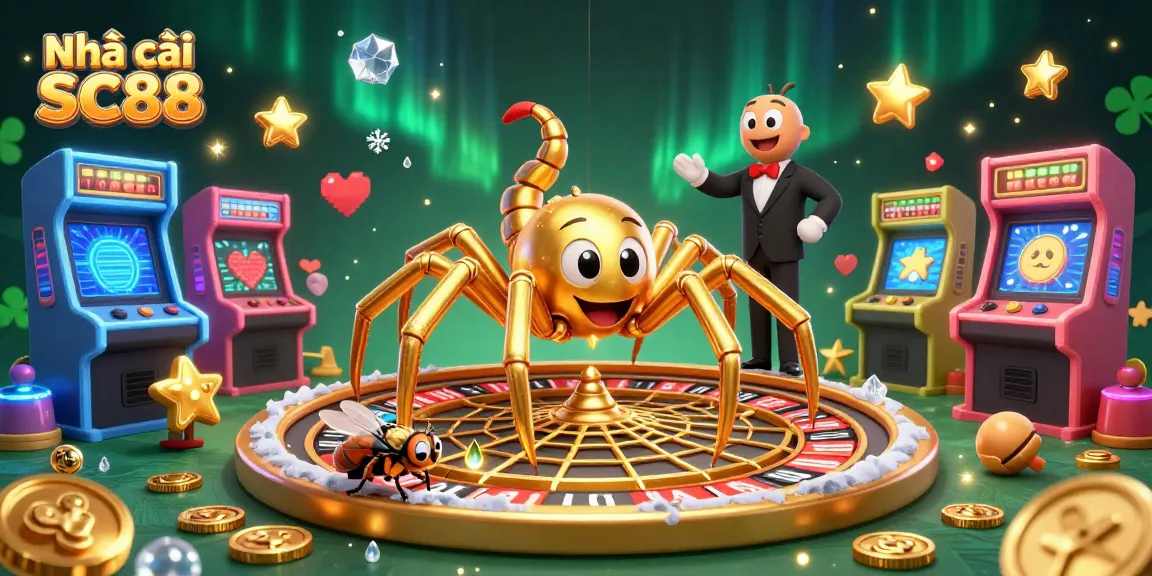 Engage with Nhà cái SC88, a vibrant casino world, featuring a roulette web and animated characters.