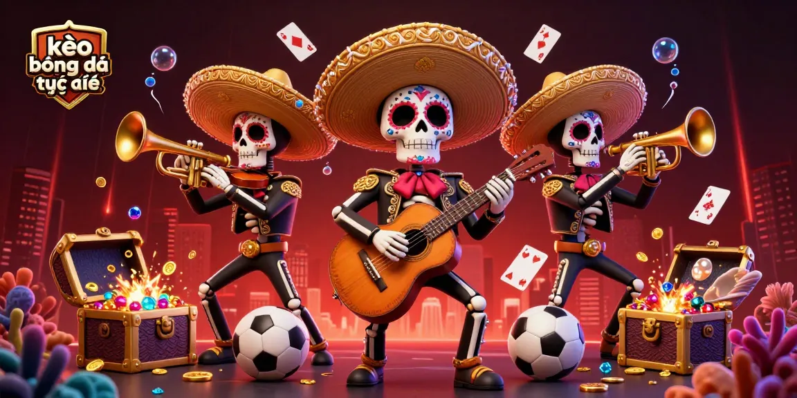 Engage with kèo bóng đá trực tuyến through a vibrant 3D illustration of a mariachi band amidst gold and sports betting elements.
