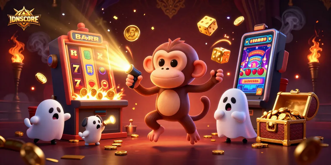 IDNSCORE showcases exciting gameplay with a playful monkey juggling gold coins in a vibrant casino.