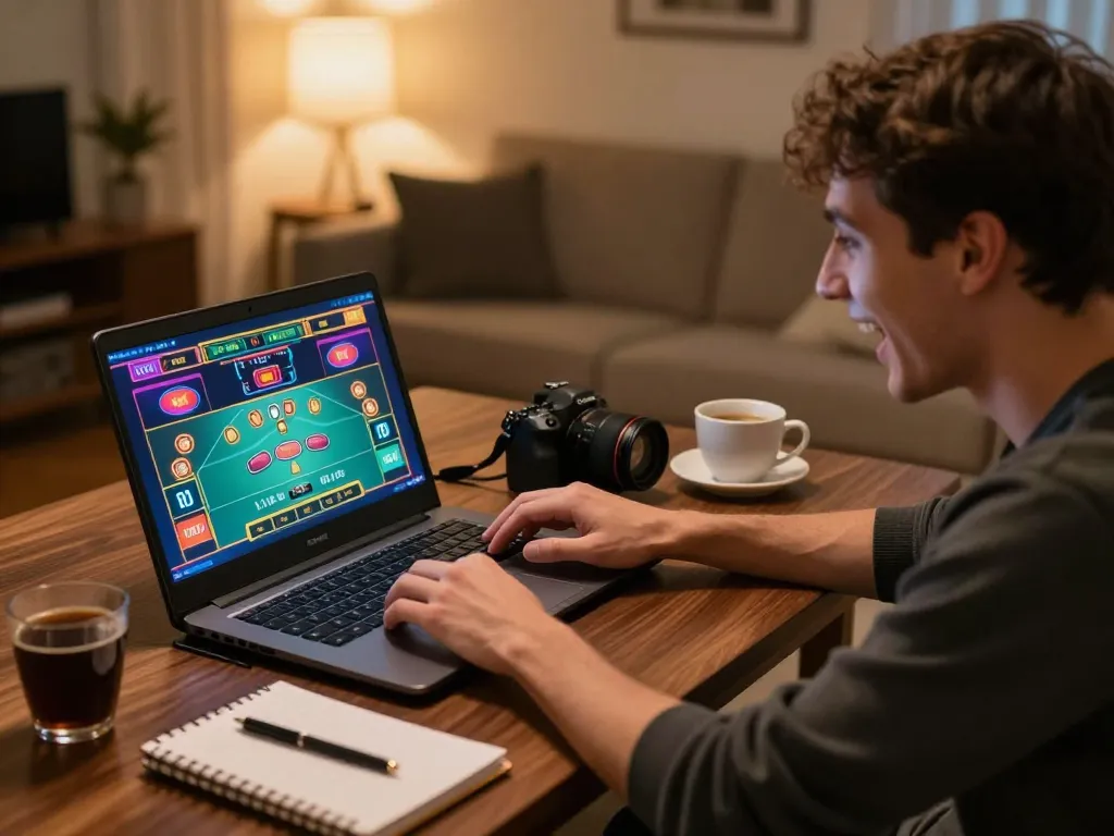 Player enjoying a live dealer game featuring 3win actor, engaged in strategic online gambling at home.