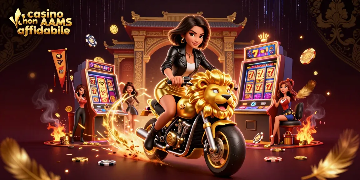 Scopri l'emozione del casino non AAMS affidabile con un biker glamour che cavalca un leone d'oro, immerso in elementi vivaci del casinò.