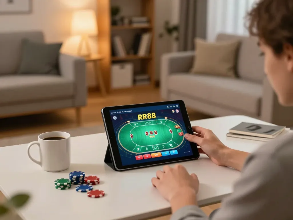 Engaging gameplay on the RR88 App with a player in a cozy living room setting