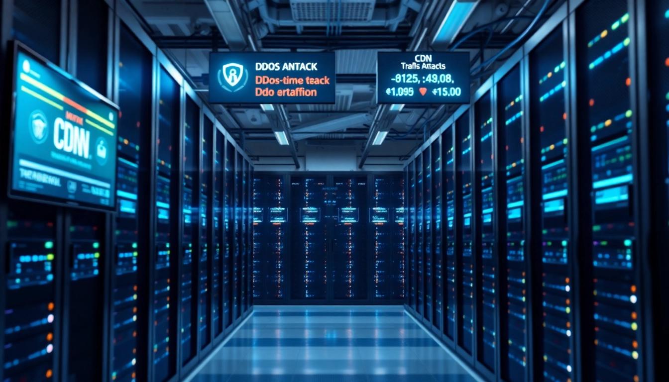 Showcase of a CDN with DDoS Protection in a high-tech data center with illuminated servers.