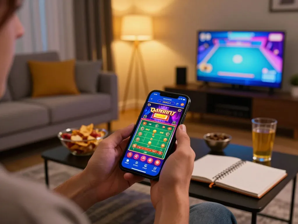 Casino gratis senza registrazione showcased through a smartphone gaming scene in a cozy home setting, highlighting responsible gaming.