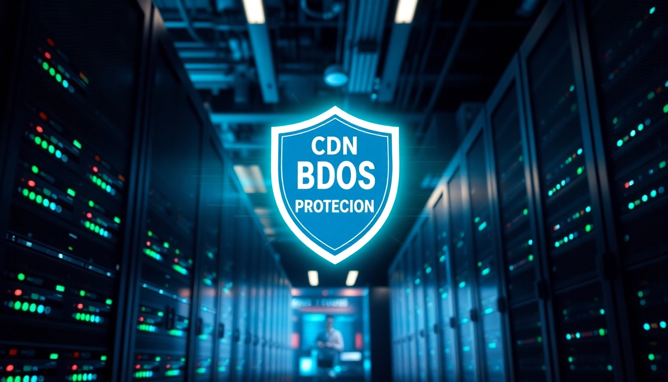 Enhance website security with CDN with DDoS Protection depicted in a high-tech data center.