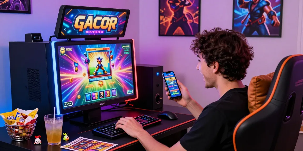 Excited player enjoying a slot gacor game on a colorful machine, smartphone in hand, creating an engaging home gaming atmosphere.
