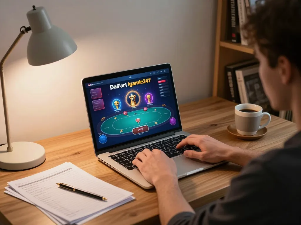 Engaging gameplay on Daftar Igamble247 with vibrant poker graphics in a cozy home setting