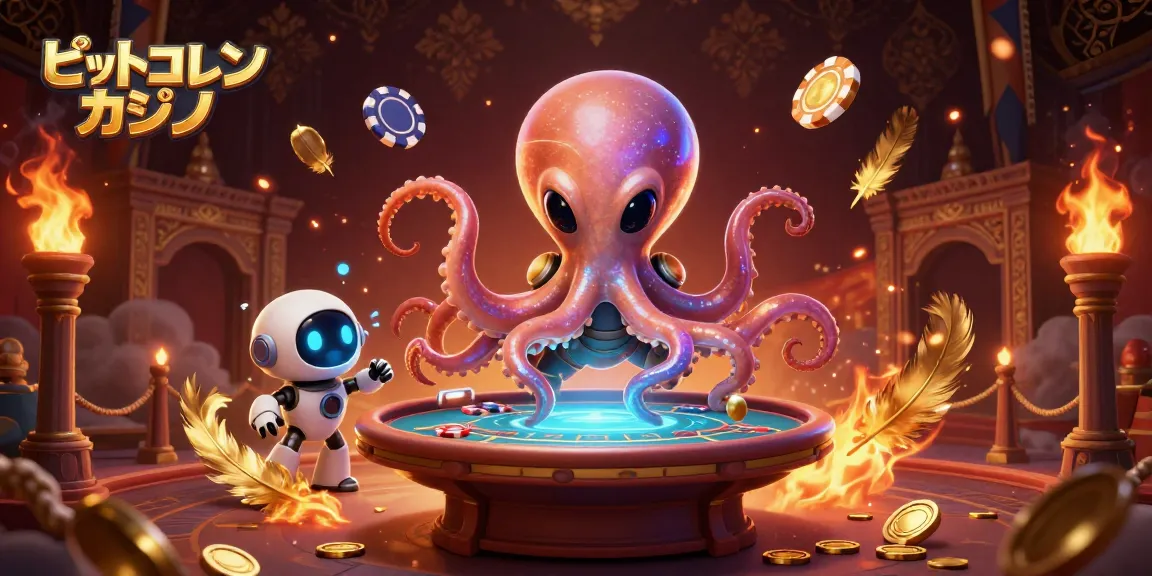 ビットコインカジノで楽しむ宇宙のタコとロボットが、ポーカーテーブルでスリリングなゲームをしているシーン。