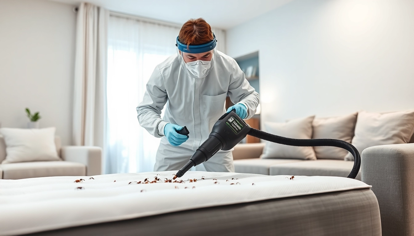Technician conducting bed bug removal from a mattress in a home environment.
