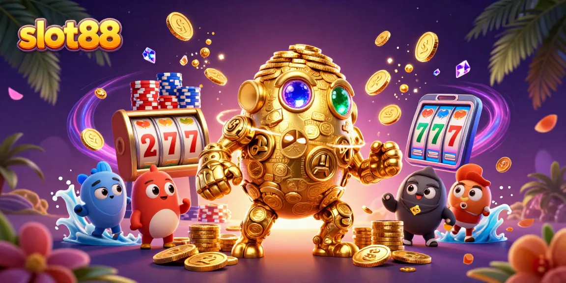 Slot88 menghadirkan golem emas kuno dari tumpukan koin, dipenuhi elemen slot dengan reaksi epik di kasino.
