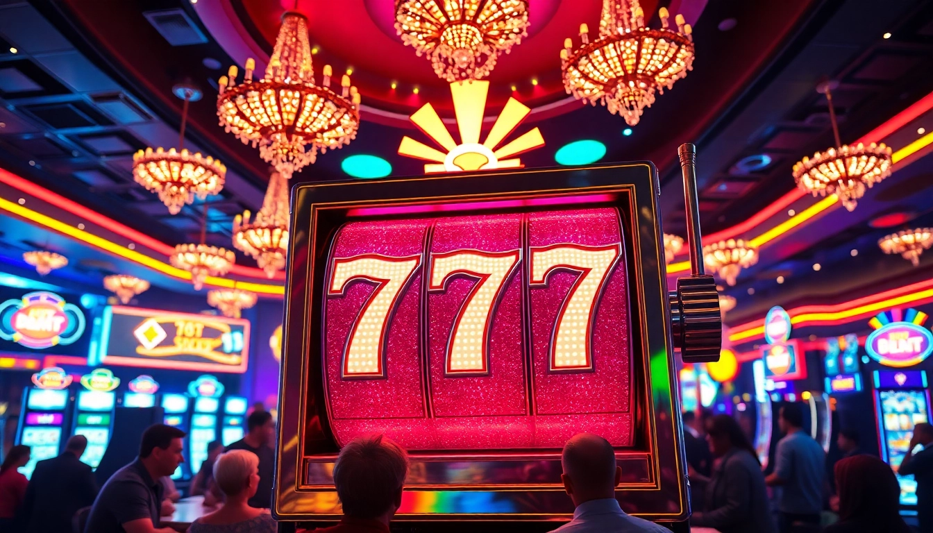 Players engaging with the slot777 machine in a vibrant casino atmosphere.