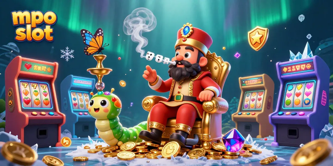 Play mpo slot with a vibrant scene of a caterpillar hookah-master surrounded by casino elements.