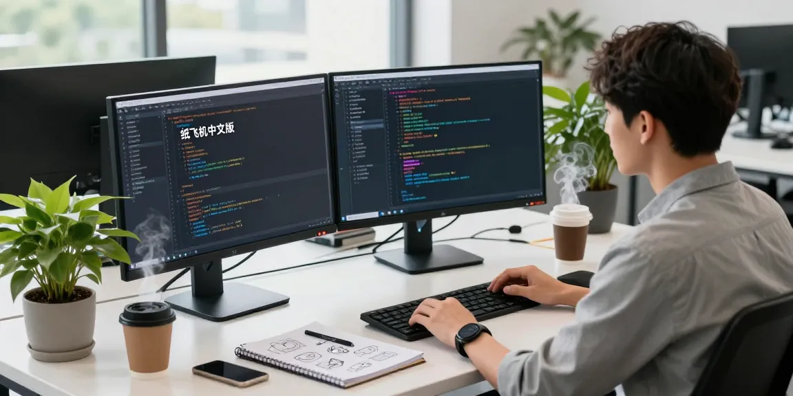 Developer troubleshooting app interface for 纸飞机中文版 in a modern tech workspace.