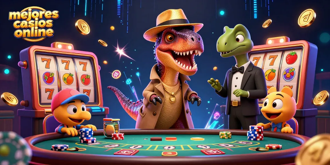 Ilustración de un velociraptor en un casino mostrando los mejores casinos online, con un ambiente vibrante y tragamonedas brillantes.