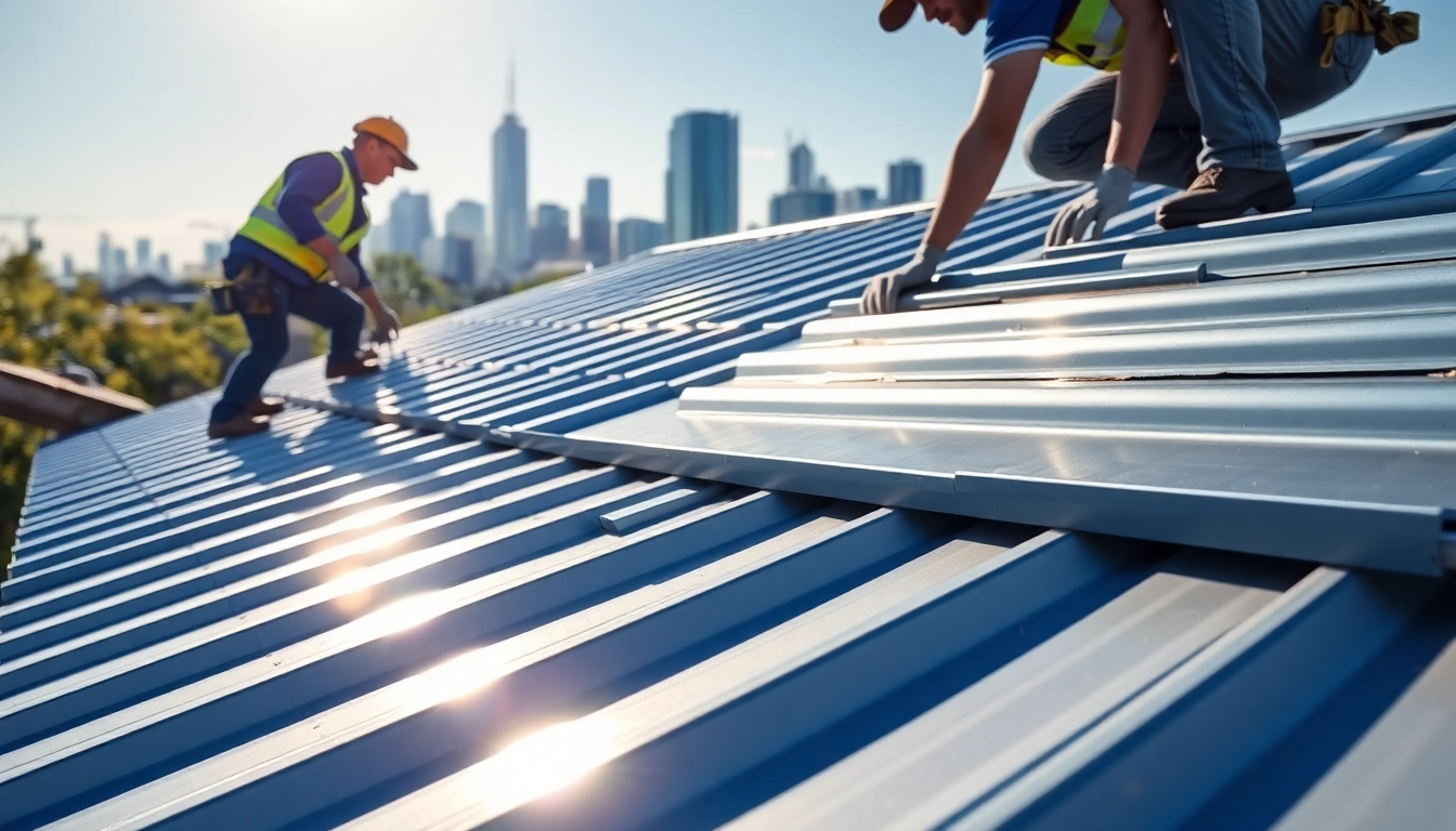 Workers installing metal roofing toronto on a residential building with a city skyline backdrop.